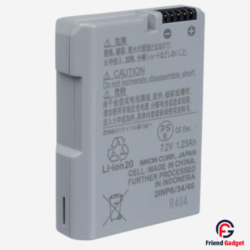 Alt Text: Nikon EN-EL14A battery with Nikon DSLR